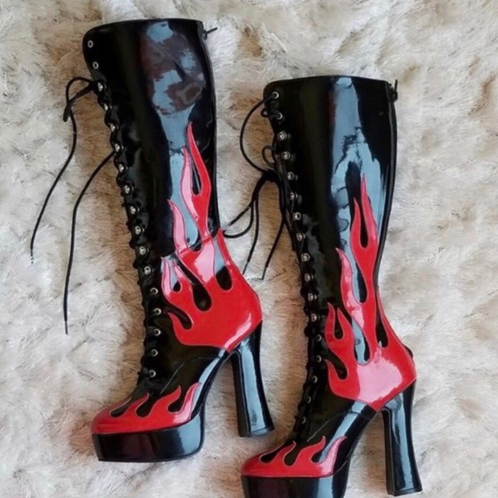 Tall Patent Flame Chunky Heel Boots